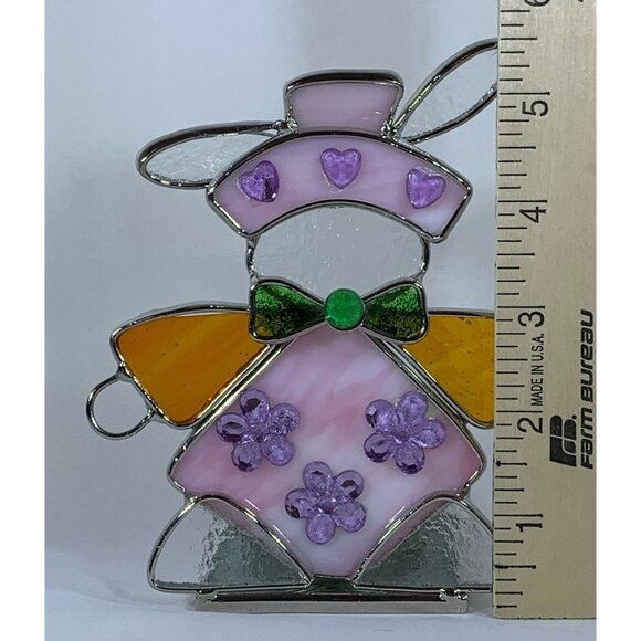 Vintage Stained Glass Bunny Candle Holder Tealight Girl Easter Flowers 5.5 in - Picture 6 of 7